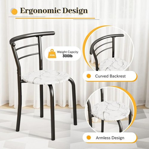 Shahoo 3-Piece Wooden Dining Table Set, Kitchen Breakfast Nook Sets with 2 Chairs & Round Tabletop, Space Saving Furniture Metal Frame and Built-in Wine Rack, Marble White & Black