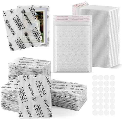 Ding Defend Card Shipping Protector Envelopes Bubble Mailer Kit with 110 Semi-Transparent Small Padded Envelopes/Protectors (3.5" x 4.5"), 55 Small Bubble Mailers, 250 Tape Seals for Collectible Cards