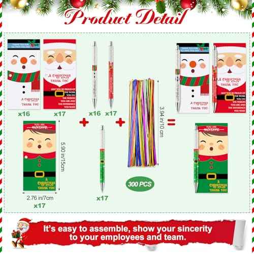 50 Sets Christmas Bulk Glitter Christmas Santa Claus Pens Novelty Snowman Elf Inspirational Pens with Thank You Cards Xmas Gifts for Employee Staff Teacher Coworker