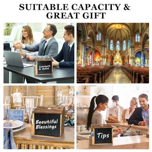 Wood Suggestion Box with Slot and Lock,Wooden Tip Money Drop Donation Boxes For Saving Fundraising,Prayer Ballot Comment Box Countertop Wall Mounted with Chalkboard and Keys for Church,Wedding