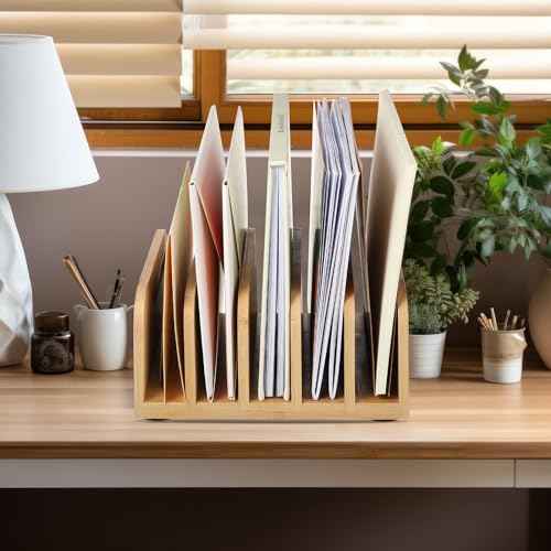 Desk Mail Organizer Bamboo File Holders Countertop Paper Organizer Letter Sorter 5 Compartments Envelope Holders with Anti Slip Mat for Home Office School Desktop Document Storage