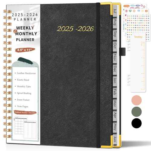 Academic Planner 2025-2026, Weekly and Monthly Calendar Planner from July 2025 - June 2026, 8.5" x 11" Hardcover Leather Hourly Appointment Book with Tabs, Spiral Daily Planners for College School Teacher Student, Black