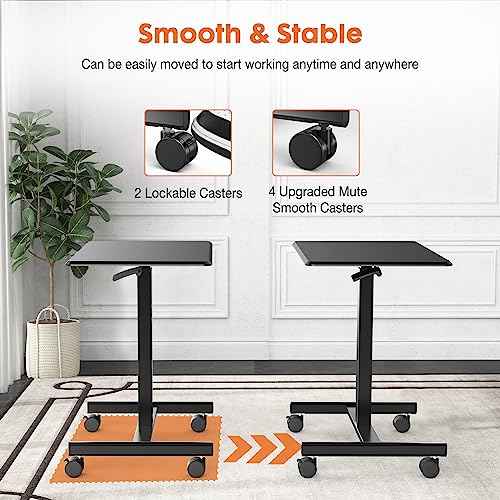 Sweetcrispy Small Mobile Rolling Standing Desk - Overbed Table, Teacher Podium with Wheels, Adjustable Work Table, Rolling Desk Laptop Computer Cart for Home, Office, Classroom, Black