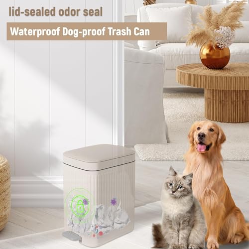Rejomiik 1.9 Gallon Small Bathroom Trash Can with Lid, Soft Close Step, Cream
