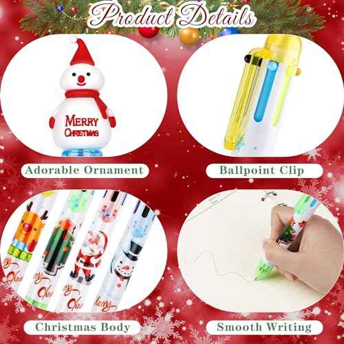 Aodaer 60 Pieces Christmas Ballpoint Pens 6-In-1 Multicolor Retractable Ballpoint Pens Christmas Tree Snowman Reindeer Santa Claus Christmas Party Gifts for Office School Class