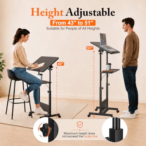 OUKMIC 24x16in Adjustable Height Rolling Podium Stand with 180° Tilting Desktop - Black