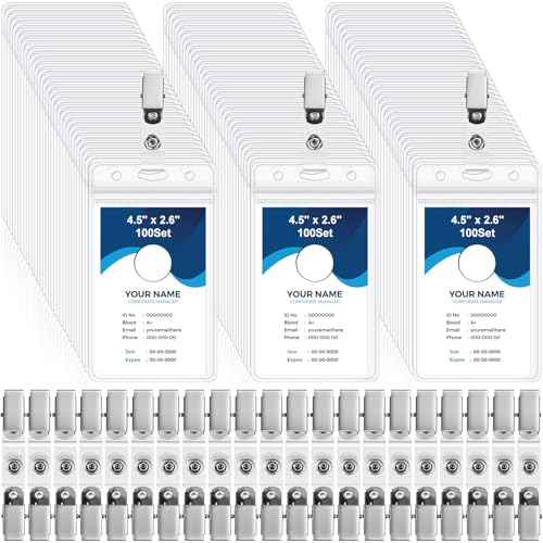 Marspark 200 Sets ID Badge Holder with Metal Badge Clips and PVC Straps Waterproof Sealed Clear Plastic Vertical Name Tag Holder for Name Tag Work Card Drive License Clips Office Car