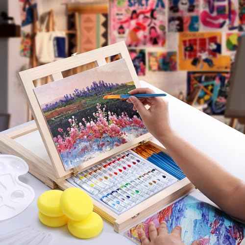 Wooden Tabletop Art Easel for Painting, 54 Pieces Starter Acrylic Paint Set with 24 Colors Acrylic Paints, Canvases, Sketch Pads, Brushes and Palette for Adults Teens Kids Beginners