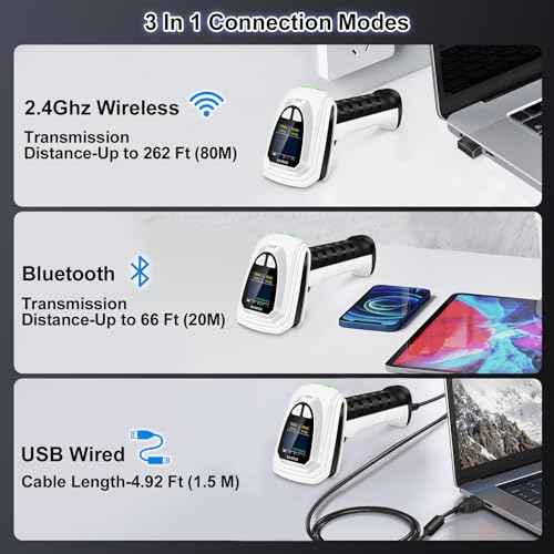 KUIIYER 1D QR 2D Barcode Scanner, Bluetooth Wireless Bar Code Scanners with Setting Keypad & LCD Screen Display & AI Voice, Handheld Barcode Reader for iPhone, Android, iPad, Tablet, Computers & POS