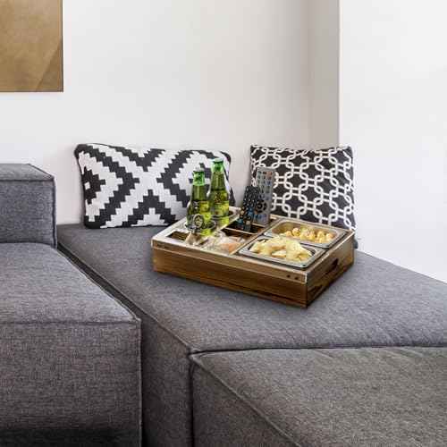 MyGift Couch Caddy Rustic Burnt Solid Wood and Premium Clear Acrylic TV Snack Tray with 2 Stainless Steel Snack Bowls, Dual Cutout Anti-Spill Drink Holders, Remote Control and Cell Phone Slots