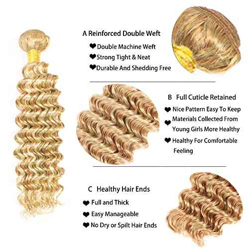 22 24 26 Inch P27/613 Highlight Blonde Bundles Human Hair Deep Wave Bundles Honey Blonde Deep Wave Bundle Unprocessed Brazilian Virgin Weave Hair 3 Bundle 50 Gram Per Bundle