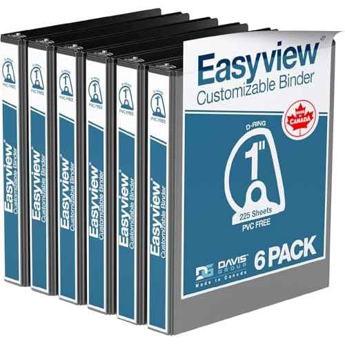 Easyview Premium 3-Ring Binders with Clear-View Covers and D Rings, Binders for School or Office, 1 Inch, Pack of 6, Black