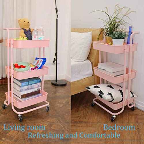 3 Tier Utility Rolling Cart Multifunction Organizer Shelf Storage Cart with 3 Pieces Cups and 8 Pieces Hooks for Home Kitchen Bathroom Laundry Room Office Store etc. (Pink)