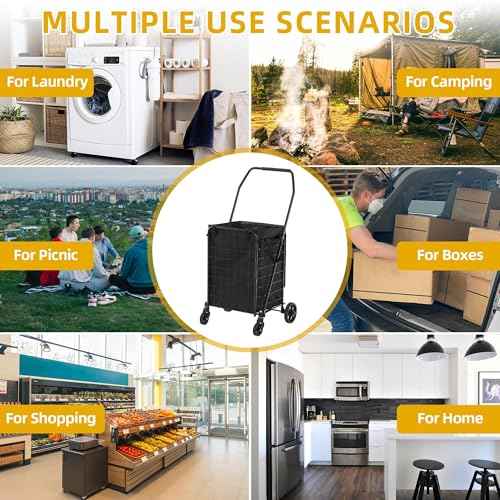 DWVO Folding Shopping Cart with Waterproof Liner, Collapsible Utility Cart with Wheels for Seniors, Portable Grocery Cart for Shopping, Laundry, Storage, and Camping