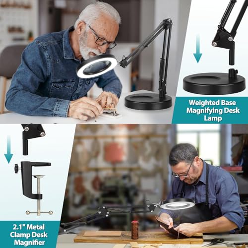 10X Magnifying Glass with Light and Stand, 2-in-1 Desk Lamp & Clamp Light, Seylae 5 Color Modes, Brightness Stepless Dimmable LED Lighted Magnifier Hands Free, Magnifier Lamp for Close Work, Reading