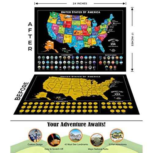 Scratch Off Map of USA + 63 National Parks Bundle (24x17 US Map & 12x16 NP Poster, Black/Gold) - Giftable Travel Tracker Kit with Scratch Pen and Cloth
