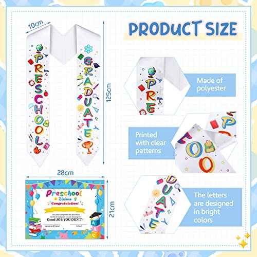 Sureio 24 Pieces Preschool Graduation Gifts Kids Graduation Stole with Preschool Diploma 12 Pcs Preschool Printed Graduation Sash and 12 Pcs Preschool Diploma Unisex Graduation Stole (Preschool)