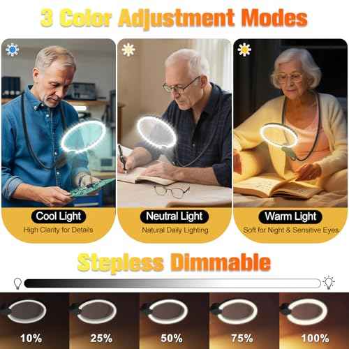 Hands Free Magnifying Glass with Light for Close Work, 5.5 Inch 5X Lighted Magnifying Glass, Neck Wear Magnifier for Reading Books, Sewing, Cross Stitch, Low Vision Seniors with Aging Eyes