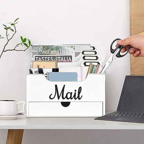 Mail Holder with 4 Compartments and Drawer, Wood Mail Holder Sorter Holder,Countertop Desk Office Accessories for File Letter Paper Folder, Drawer Storage