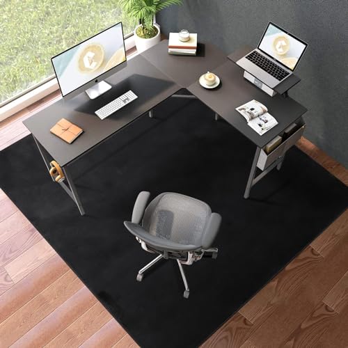 QQpony 75 x 60 Black Flannel Chair Mat with Non-Slip Backing, 0.2" Thick - Large Floor Protector for Hard Floors, Stitch Edge