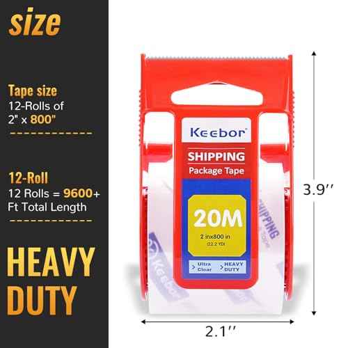 12 Rolls Packaging Tape with Dispenser, Heavy Duty Packing Tape, Clear Tape for Shipping Mailing Wrapping, 1.5'' Core