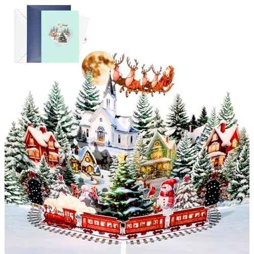 Winter Village Pop up Christmas Cards - 5x7 Xmas Cards with Envelope & Blank Note, Handmade 3D Merry Christmas Gifts for Husband Wife Daughter Son Family, Festive Night Santa Sleigh & Snowman