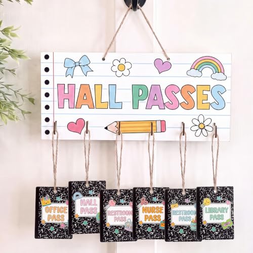 Mooliwe Classroom Hall Passes Set - Pastel Wooden Sign & Student Passes