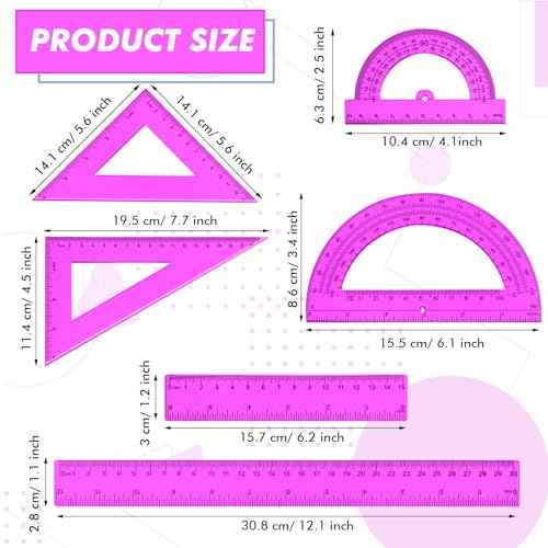 Tenare 6 Pcs Plastic Ruler Math Set Includes 12 Inch 6 Inch Straight Protractor Triangle Geometry Transparent Math Ruler Measuring Tools for School Office Home(Purple)