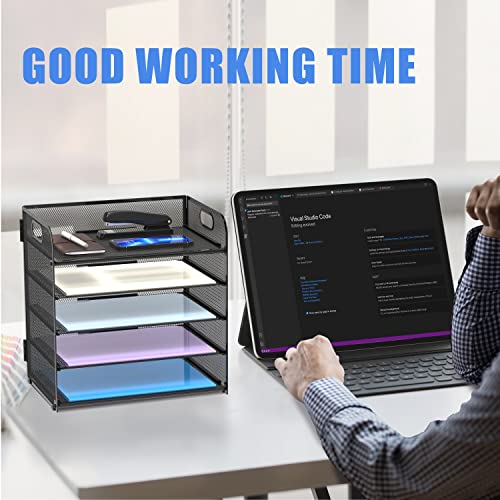 Supeasy Black 5-Tray Mesh Desk Paper Organizer with Handle - Office & Home