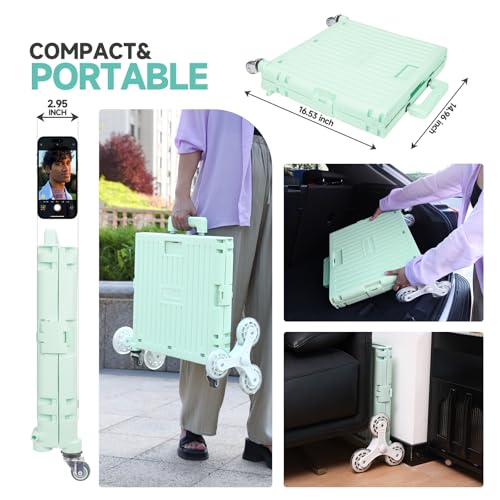 Foldable Rolling Crate for Stair Climbing : Utility Cart for Grocery File Office Book (Light Green)