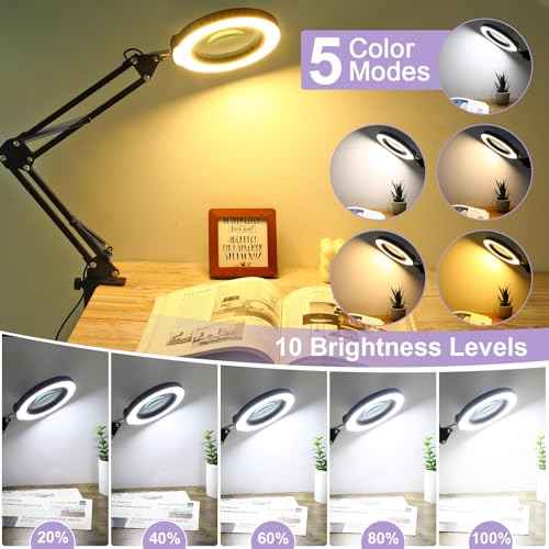 10X Magnifying Glass with Light and Clamp, Real Glass Lens, 5 Color Modes LED Dimmable Magnifier, Hands Free for Crafts, Jewelry, Painting, Sewing, Close Work