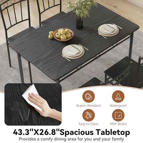 Dining Table Set for 4, 5-Piece Kitchen Table and Chairs, Rectangular Dining Room Table Set with 4 Chairs, Space-Saving Kitchen Table Set for Small Space,Dinette,Apartment,Pure Black