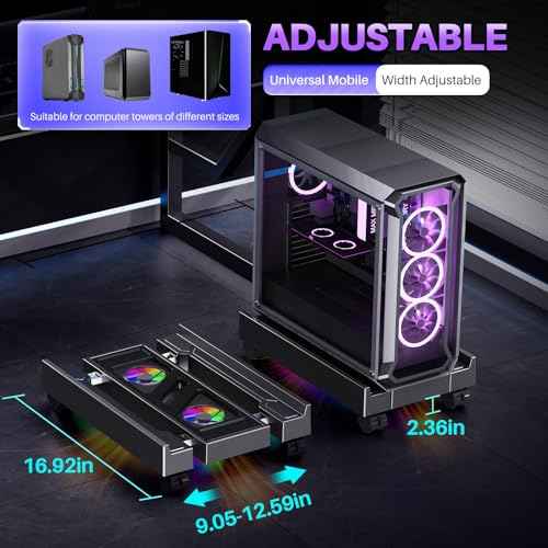 Adjustable Computer Tower Stand with Cooler Fan and Light, PC Stand for Floor, Mobile CPU Holder with 4 Caster Wheels Fits Most PC Tower, Under Desk CPU Holder for Office,Gamers and Students