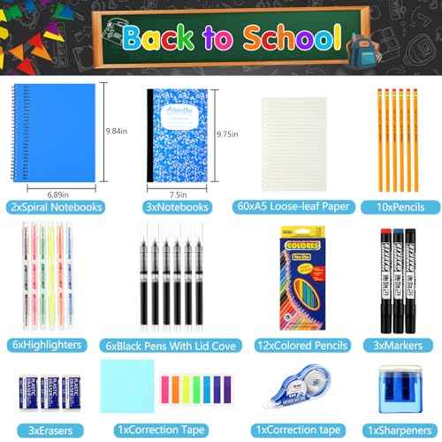 108 Pcs Middle High School Supplies Kit Back to School Supplies for Student 7-12 Grades Essentials Bundle Box Calculator Pencils Compass Notebook Pens(Blue)