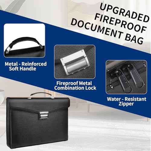 Heat & Water Resistant Fireproof Document Bag w/2 Pockets, Lockable Fire Proof Money Box w/Zipper, 700 Sheet Capacity Safe Storage for Home Office Important Documents Cash & Laptop, Black, Legal Size