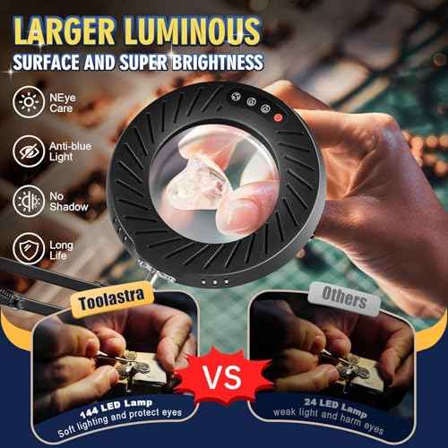 12X Magnifying Glass with Light and Stand, 144 LEDs Brightest Desktop Magnifying Lamp, 10 Dimmable Brightness 5 Color Modes, Hands Free Metal Desk Lamp for Craft Reading Painting Hobby Close Work
