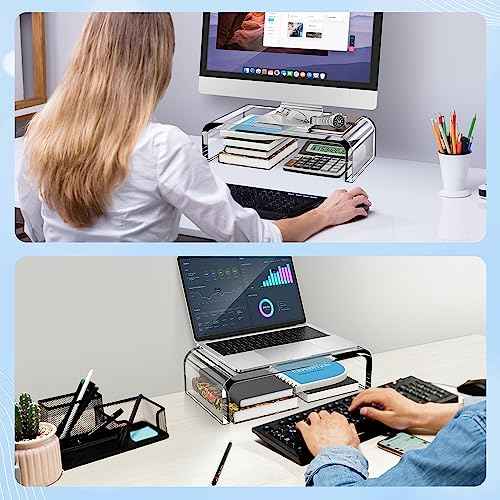AboveTEK Acrylic Monitor Stand ? Clear Monitor Riser & Computer Desk Stand, Premium Acrylic Laptop Stand for Home Office, PC TV Stand with Keyboard Storage Heavy Duty Desk Riser