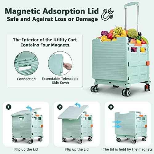 Foldable Utility Cart Collapsible Portable Crate Rolling Carts with Magnetic Lid Telescopic Handle Wear-Resistant 360¡ÆRotate Noiseless Swivel Wheel for Shopping Moving Storage Luggage Office(Green)