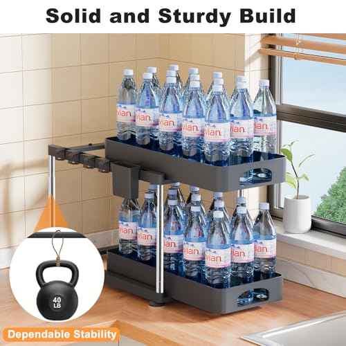Under Sink Organizer, Under Kitchen Sink Organizer, Height Adjustable Bathroom Cabinet Organizers and Storage, 2 Tier Pull-Out Multi-Purpose Organizer for Bathroom Kitchen Cabinet, Black, 2 Pack