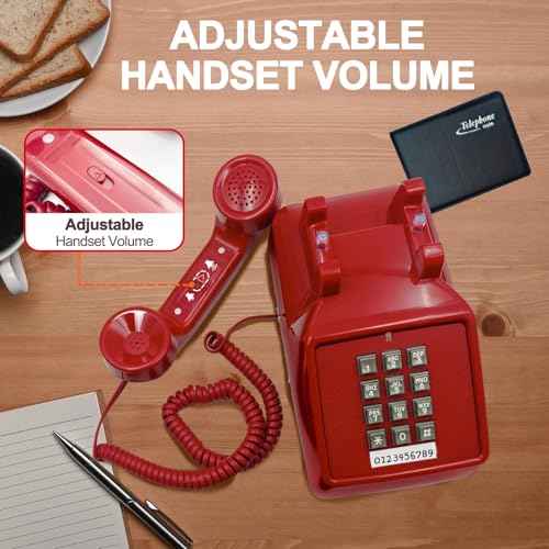 Vintage Retro Landline Phone, Old Telephone with Mechanical Ringer Receiver Volume Adjustable Retro Analog Desk Phone Classic Design for Home, School (Red)