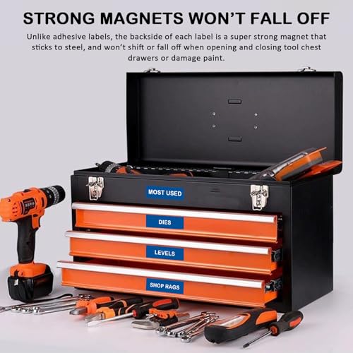 Tool Box Organization Magnetic Labels,Tool Chest Organizer Labels with Strong Magnets,Easy to Read Printing - Fits All Brands of Steel Tool Box Drawers,Blue-(72 Pcs, 4 x 1 Inches)