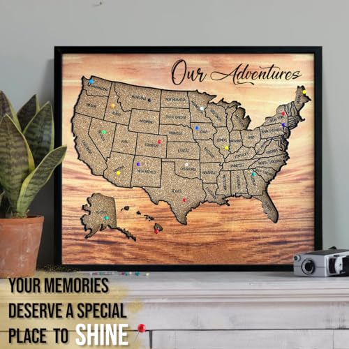 flinelife Cork Board Usa Travel Map With Pins, 12x10, Medium Size, Map of United States, Perfect For Couples and Families Gift