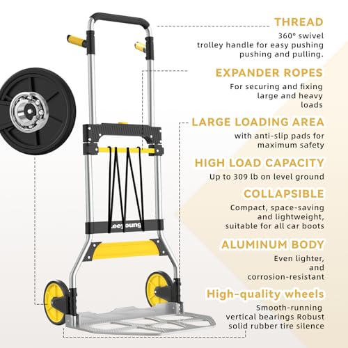 Aluminum Folding Hand Truck 309lb Capacity - Collapsible Dolly Cart with 47.3" Adjustable Handle, TPR Wheels & Portable Hand Truck Design, 11lbs Lightweight Storage Solution (No Assembly)
