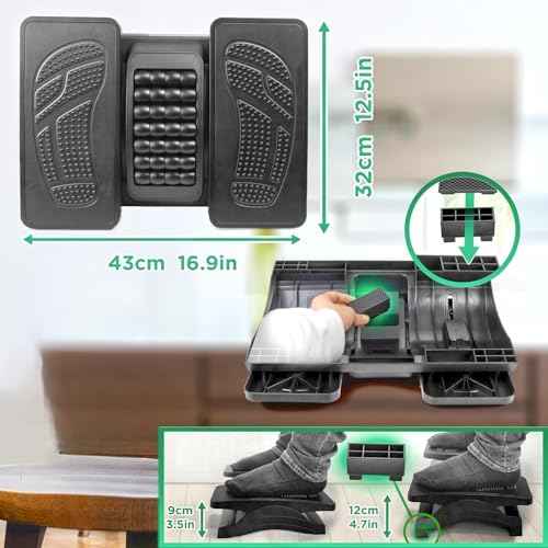 Adjustable Footrest for Under Desk at Work, Under Desk Foot Rest with Massage Texture and Roller, Ergonomic Foot Stool with 3 Height & 20 Degree Tilt Angle Adjustment for Home&Office