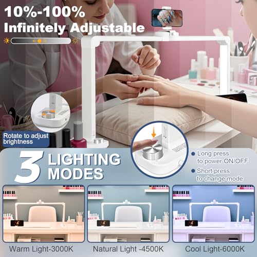 CGBE Foldable Nail Light for Desk with Phone Holder, Ultra-Large 33.5" Manicure Nail Tech Lights for Desk for Nails, Tattoos, Eyelash, Facial, Beauty (White)