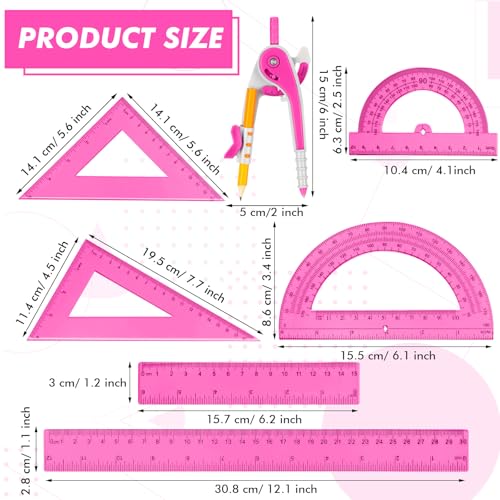 Pink Geometry Math Set with Compass, Rulers, Protractors & Triangles - Zonon 7 pcs