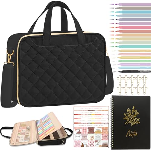 Bible Cover Case for Women, Large Quilted Bible Bag with Shoulder Strap and Handle, Bible Study Supplies Journaling Kit with Highlighters Pens No Bleed Tabs Notebook Cross Clips (Black)