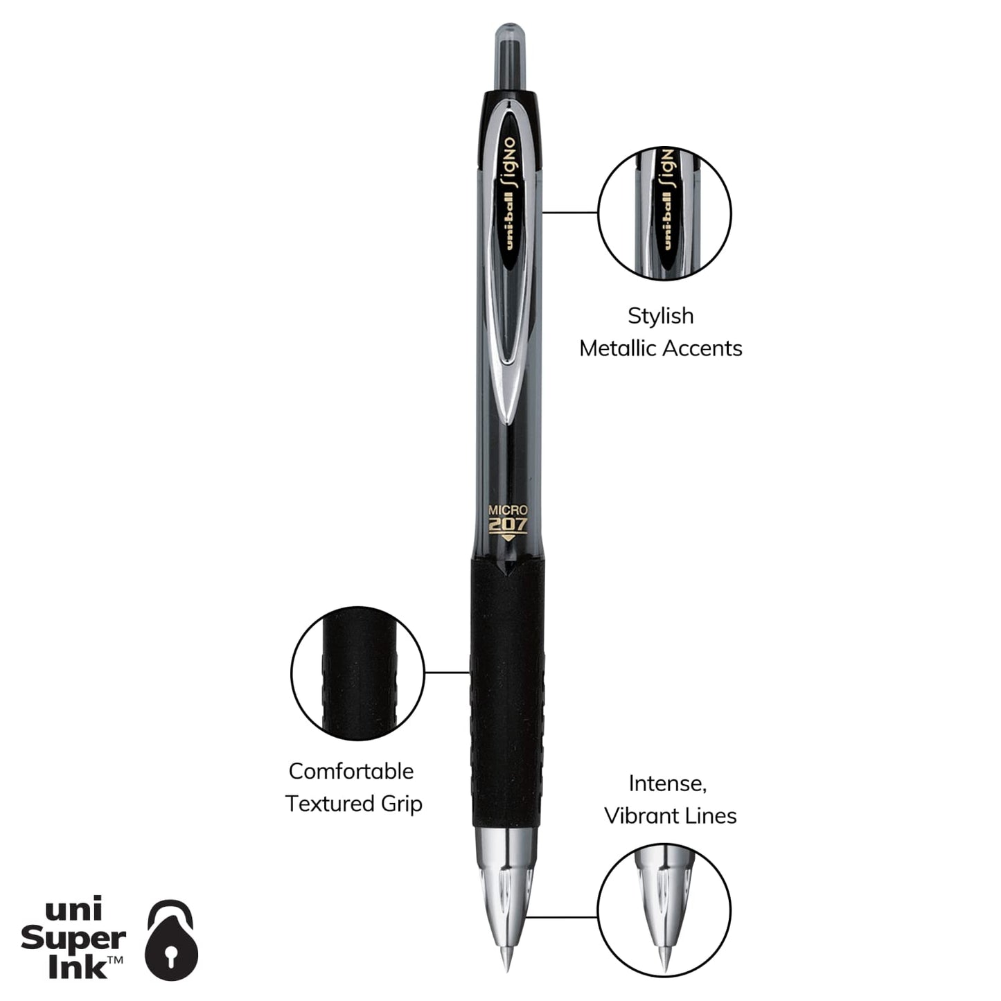 Signo 207 Retractable Gel Pens by Uni, Micro 0.5mm (aka Fine Point), Includes 4 Black, 3 Blue, 1 Red