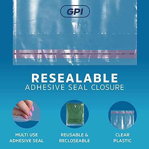 GPI - Pack of 100 12" X 15" Clear Self Seal Poly Bags, 1.5 Mil - Resealable Polybags with Adhesive strip & Suffocation Warning for Packaging T Shirts Clothing. Perfect for Shipping Supplies with FBA