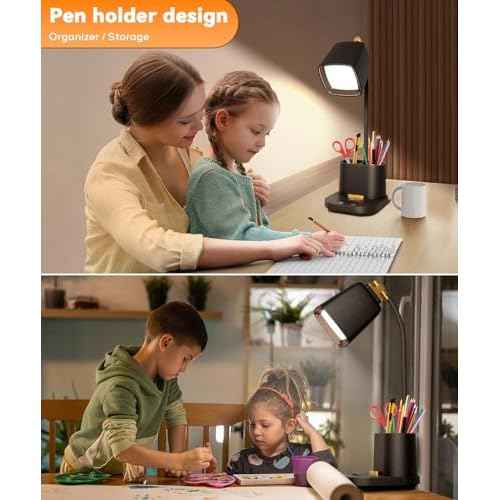 Desk Lamp with 2 USB Charging Ports, Desk Lamp for College Dorm Room Essentials for Girls,USB Charger Small Table Lamps with Pen Holder for Home Office,12 LED Light Modes Eye Caring for Kids,Guys,Nail